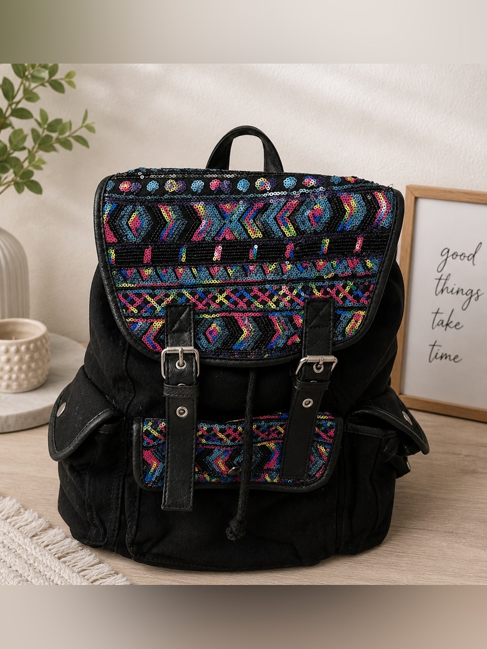 Colorful Patterned sequin Candies Black Backpack